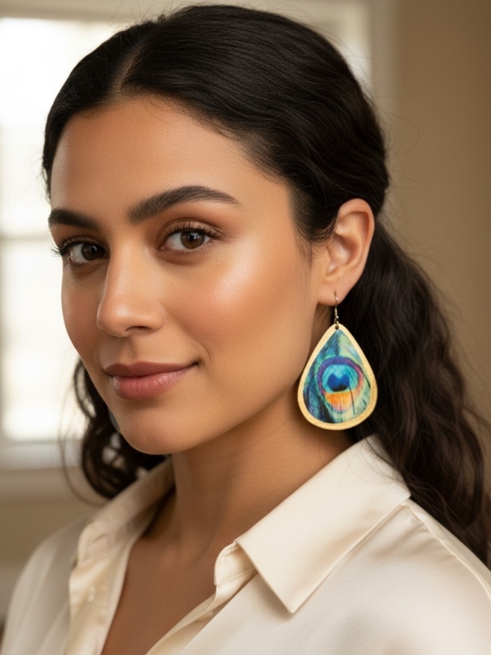 Source Unknown Teardrop Peacock-Inspired Earrings - Blue & Green